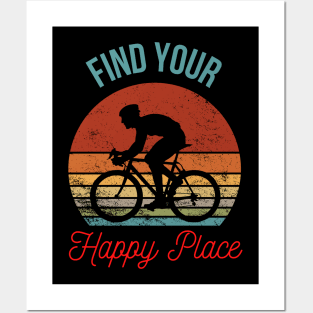 Find Your Happy Place: Retro Sunset Bicyclist Silhouette Posters and Art